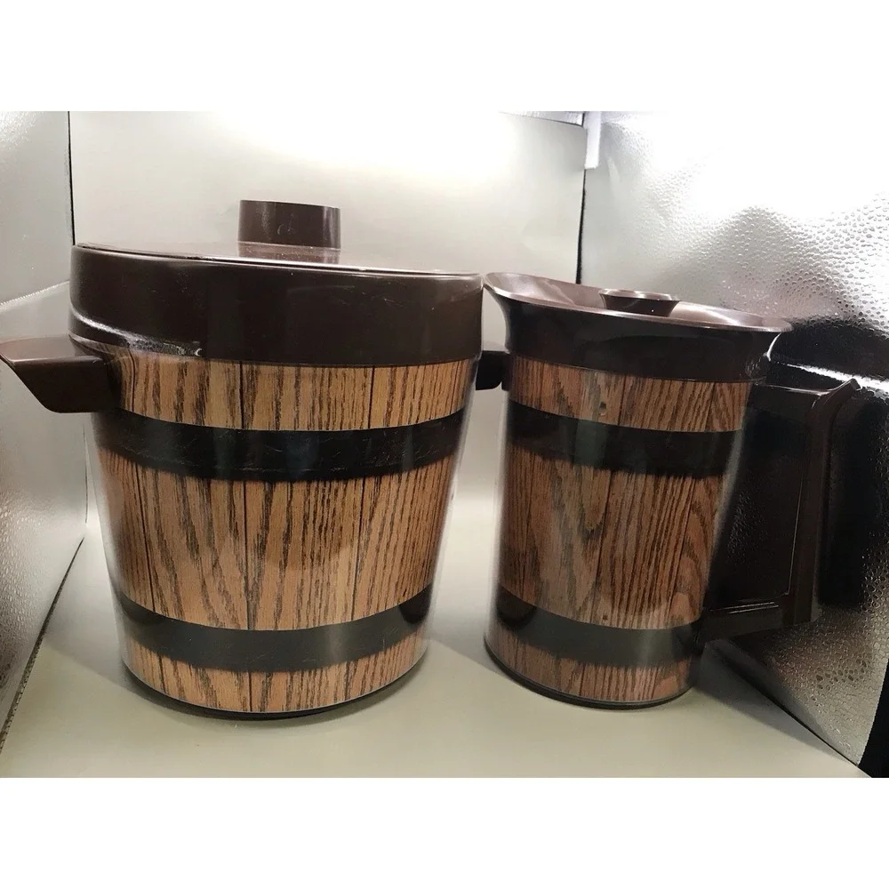 Ice Bucket And Pitcher Wood grain Look Pitcher Marked Thermo-Serv Bucket Unmarke